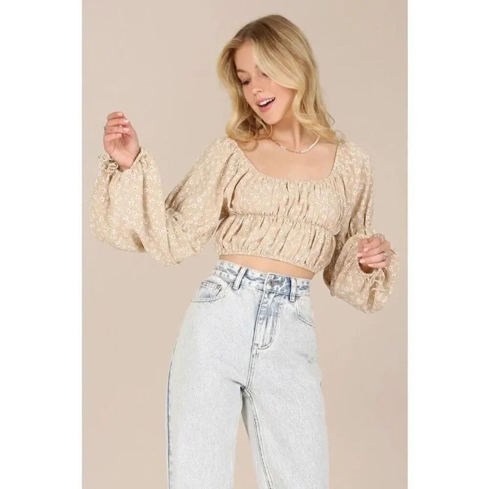 Lilou Long Sleeve Square Neck‎ Floral Crop Top Size Small